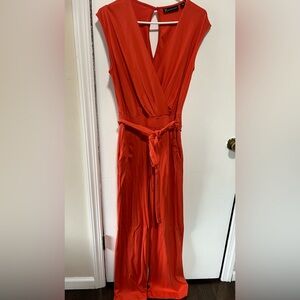 New York & Company Red Midi Jumpsuit V-neck Sleeveless